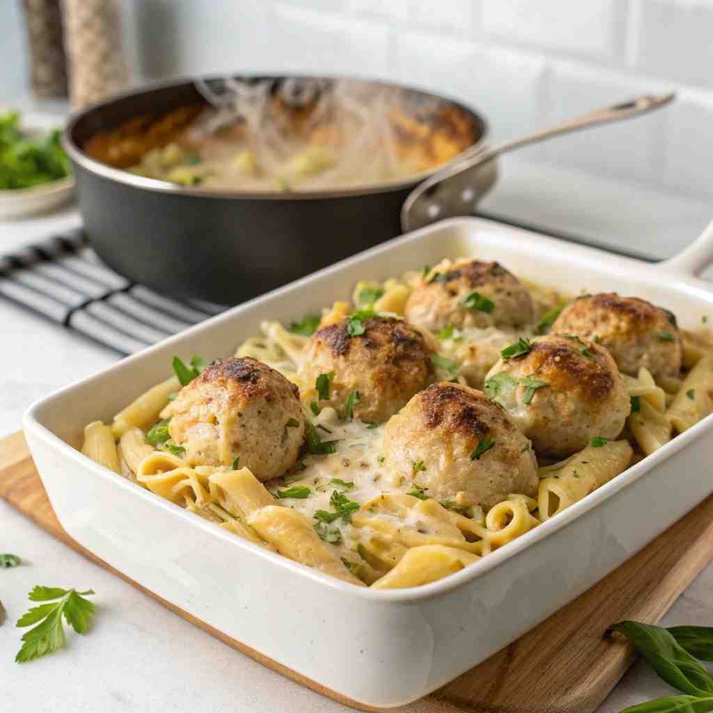 Lemony Chicken Ricotta Meatball Pasta Bake