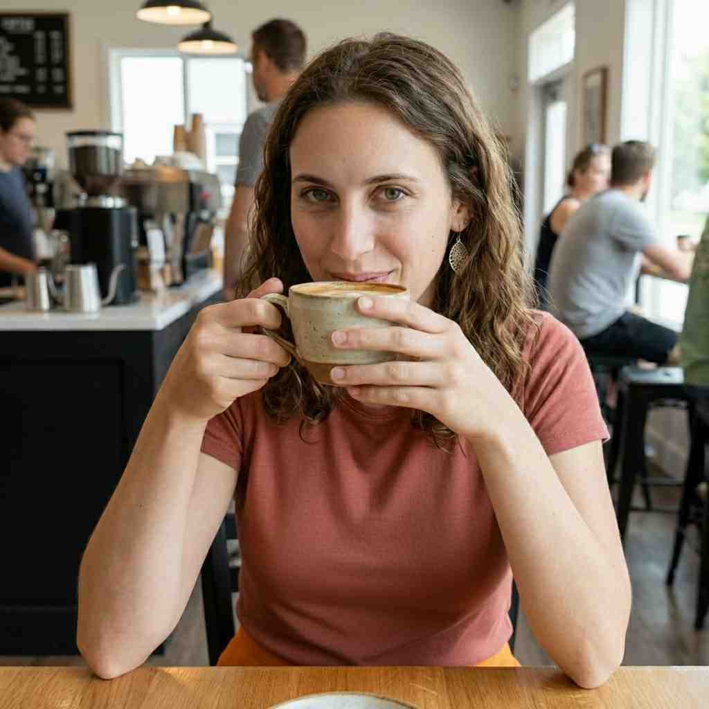 Emma planning recipes at a coffee shop